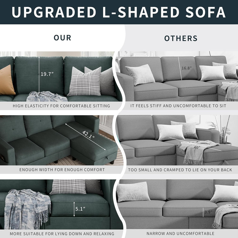 L Shaped Convertible Sectional Couch with Storage Ottoman - Dark Grey Linen gallery