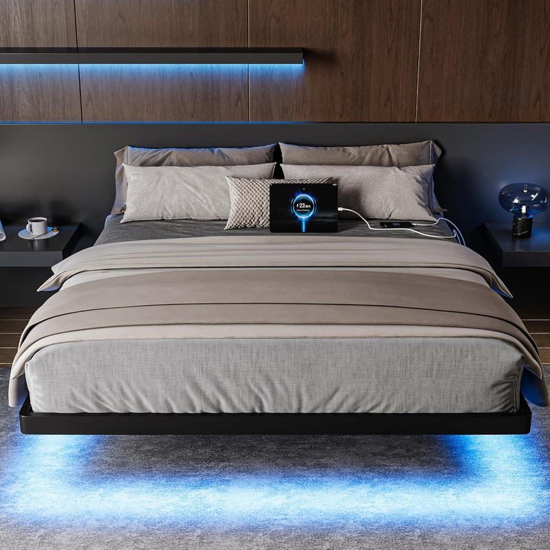 Full Size Floating Bed Frame with Charging Station and Led Lights Metal Bed Fram gallery