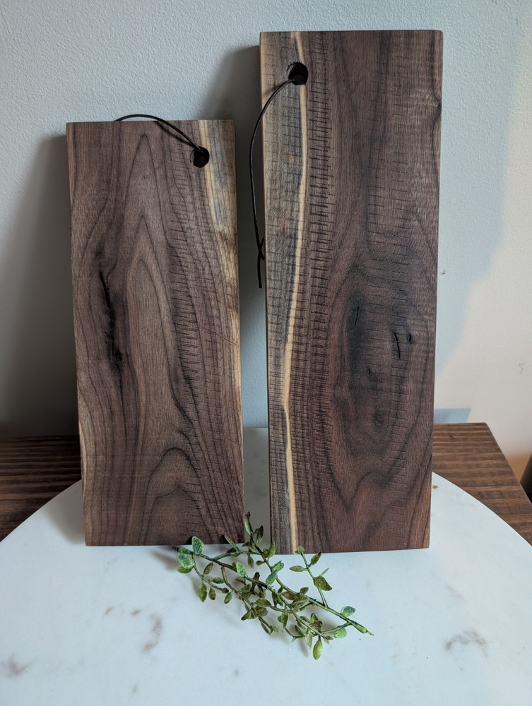 Genuine Solid Walnut Charcuterie Boards Rustic Serving Board Set of 2 W/ Leather