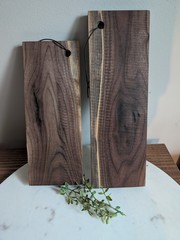 Genuine Solid Walnut Charcuterie Boards Rustic Serving Board Set of 2 W/ Leather