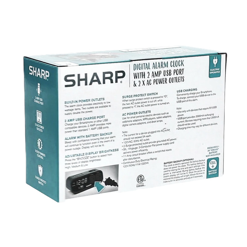 SHARP LED Digital Alarm Clock, 2 AMP fast Charge USB Ports & 2 AC Power Outlets gallery