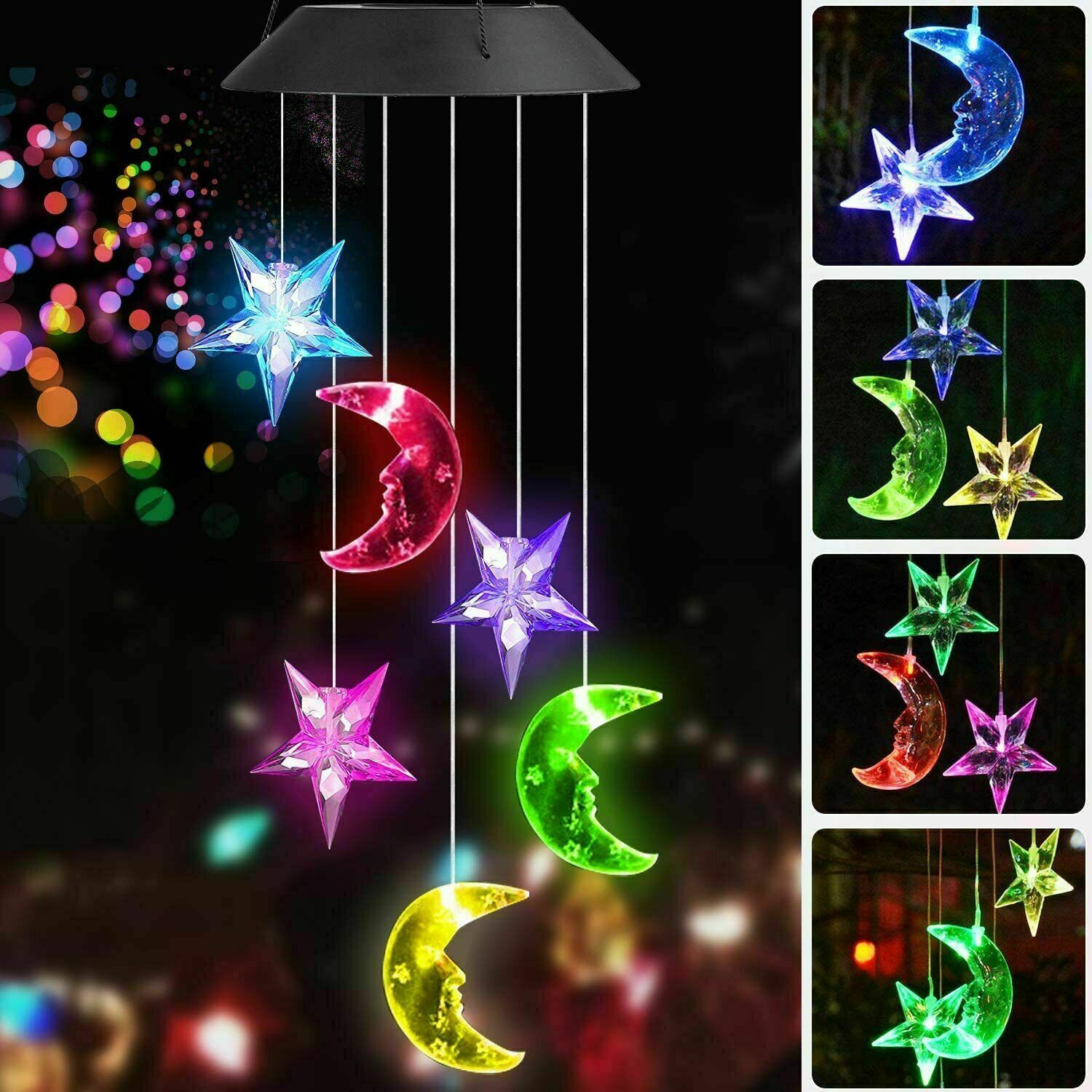 LED Color-Changing Solar Powered Moon & Star Wind Chime Lights Yard Garden Decor gallery