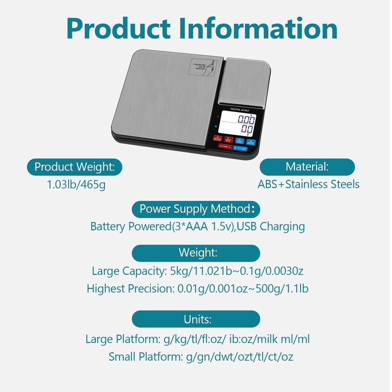 Dual Platform Digital Kitchen Scale, USB Rechargeable, 11lbs/5kg with 0.1g Pr... gallery