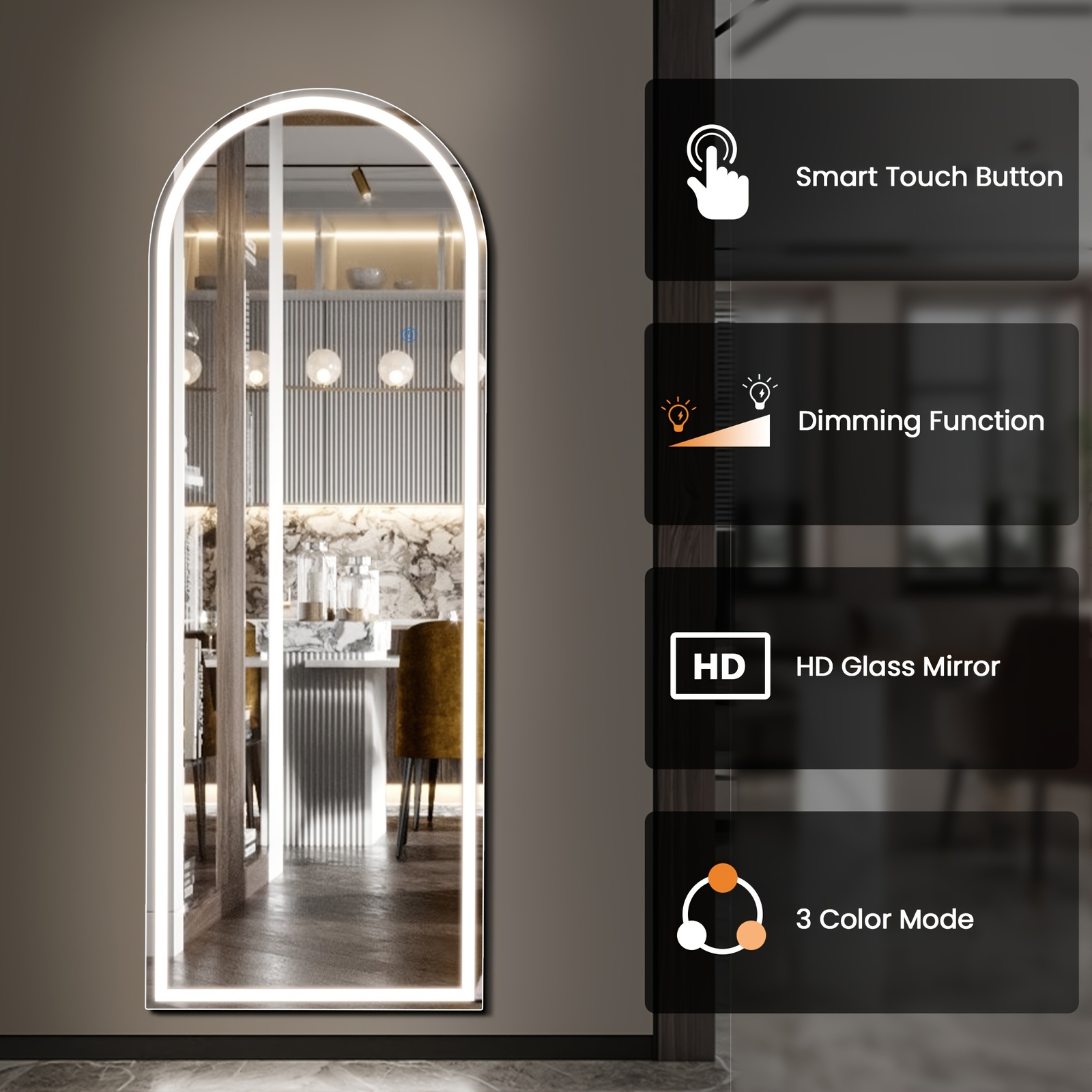 LED Full Length Standing Mirror Arched/Rectangle 3 Color Lights. Hang/Lean. gallery
