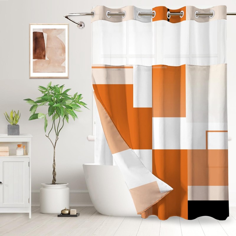 Hookless Shower Curtain Set Snap In Liner Geometric Orange White 71x74 Inch gallery