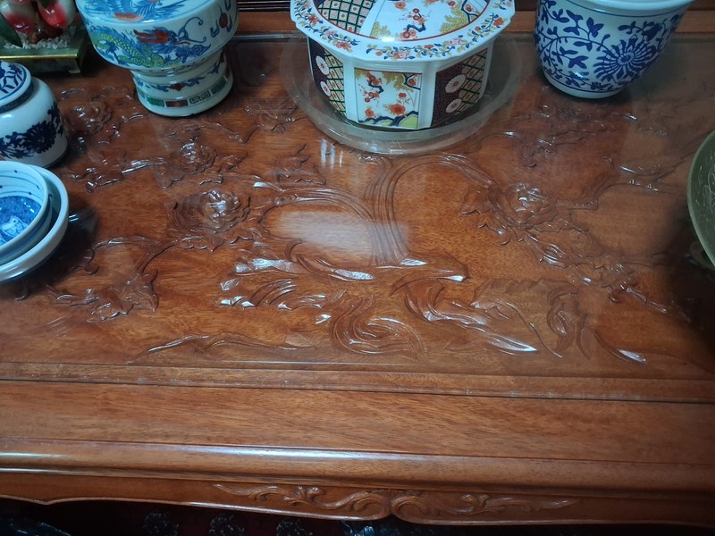 Custom Hand Crafted Solid Rosewood Coffee Table with Glass Top and Carvings gallery