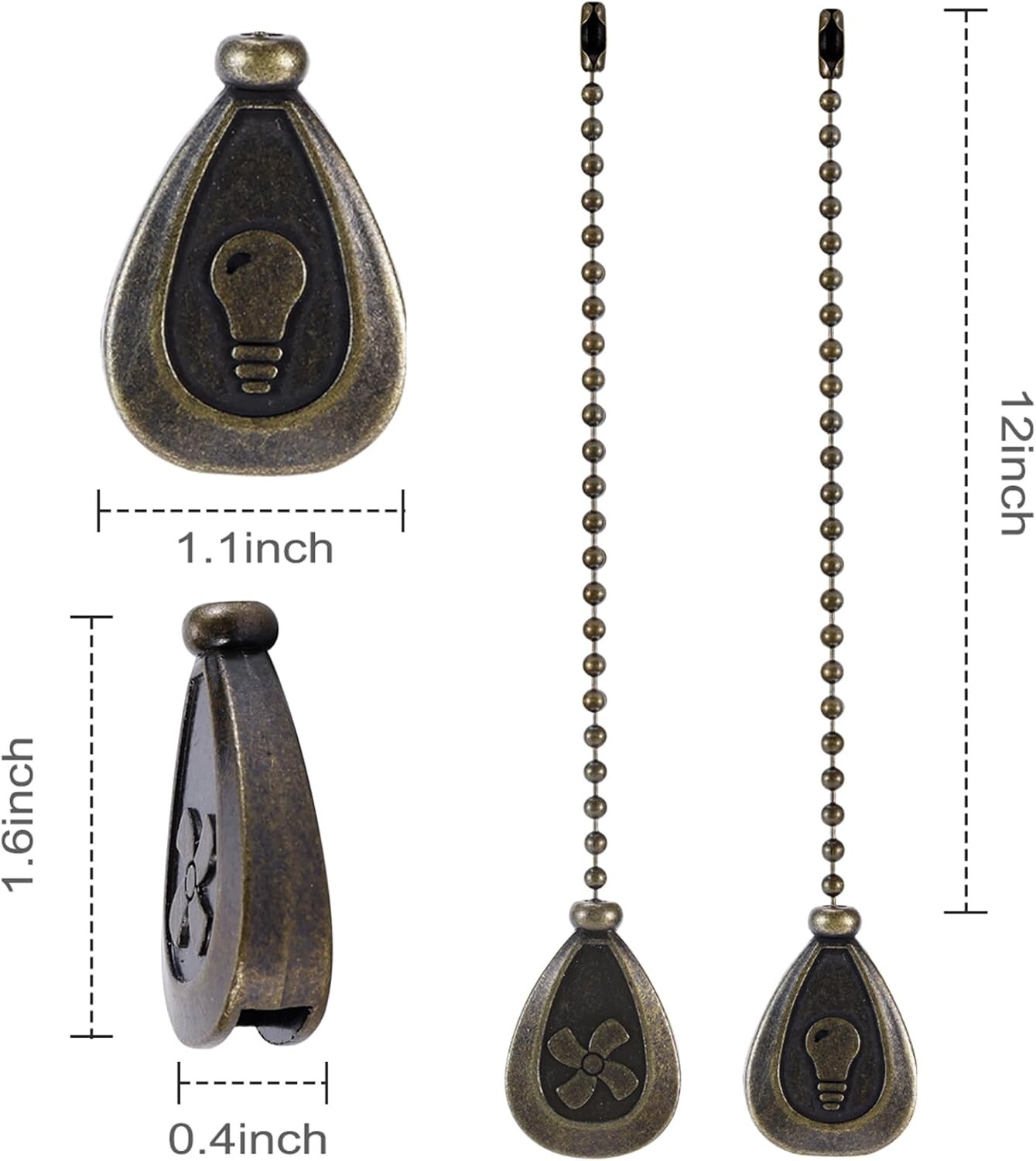 2 or 4 Bronzed Ceiling Fan Pull Chain Extension 12 Inches Classic Drop Shaped gallery