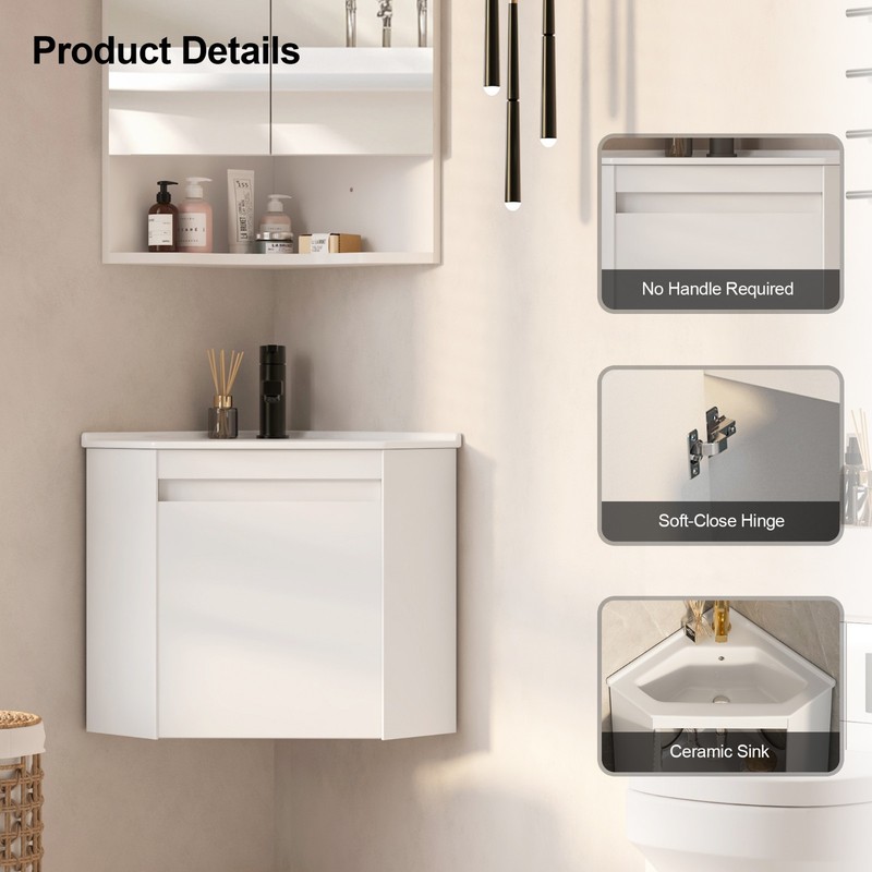 Corner Bathroom Vanity Sink Wall Mounted Combo for Small Space White Ceramic Top gallery