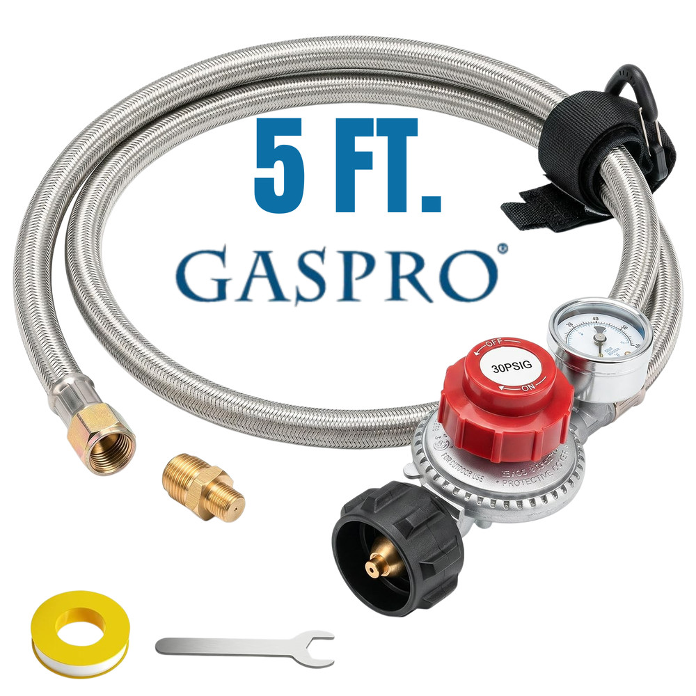0-30 PSI Adjustable Propane Regulator, 5FT Stainless Braided Hose & Gauge for LP