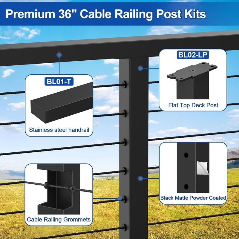 8-16FT Cable Railing Kit 36" Black Level Posts Swageless System 200FT 1/8" Stain gallery