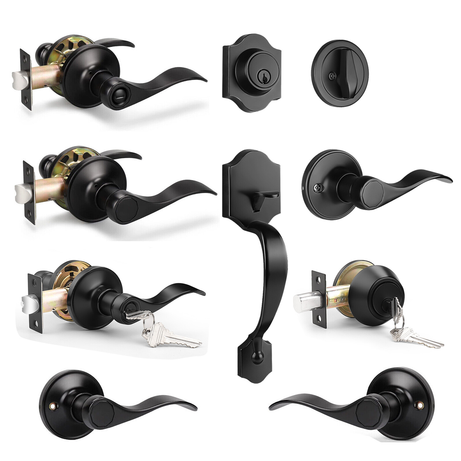 Probrico Matte Black Front Door Handle Entry Lock Set Door Levers Deadbolt Locks gallery