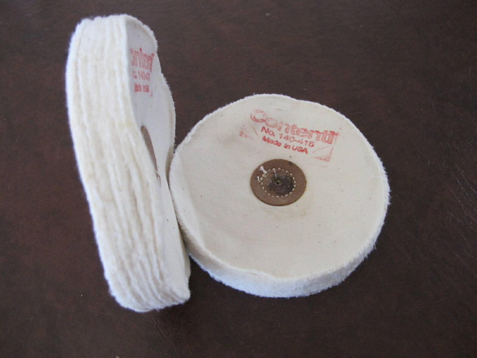 (2) CONTENTI 5"x50 LOOSE WHITE Muslin Polishing BUFFS leather center WHEEL 2-PCS gallery