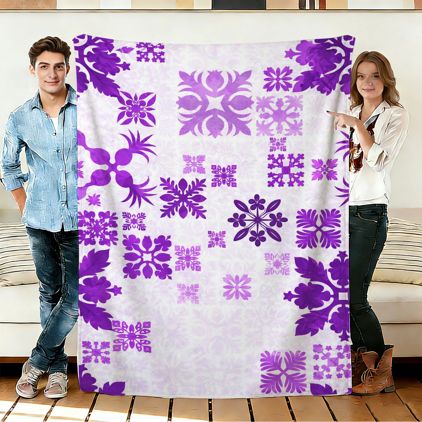 Purple Floral Geometric Flannel Blanket Soft Cozy Tapestry Napping Travel Use gallery