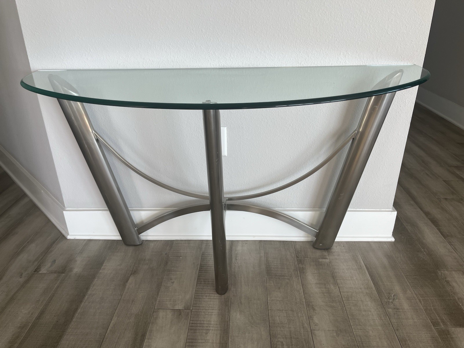 Modern Semicircle Glass & Stainless Steel Sofa Table 52x18x28in gallery