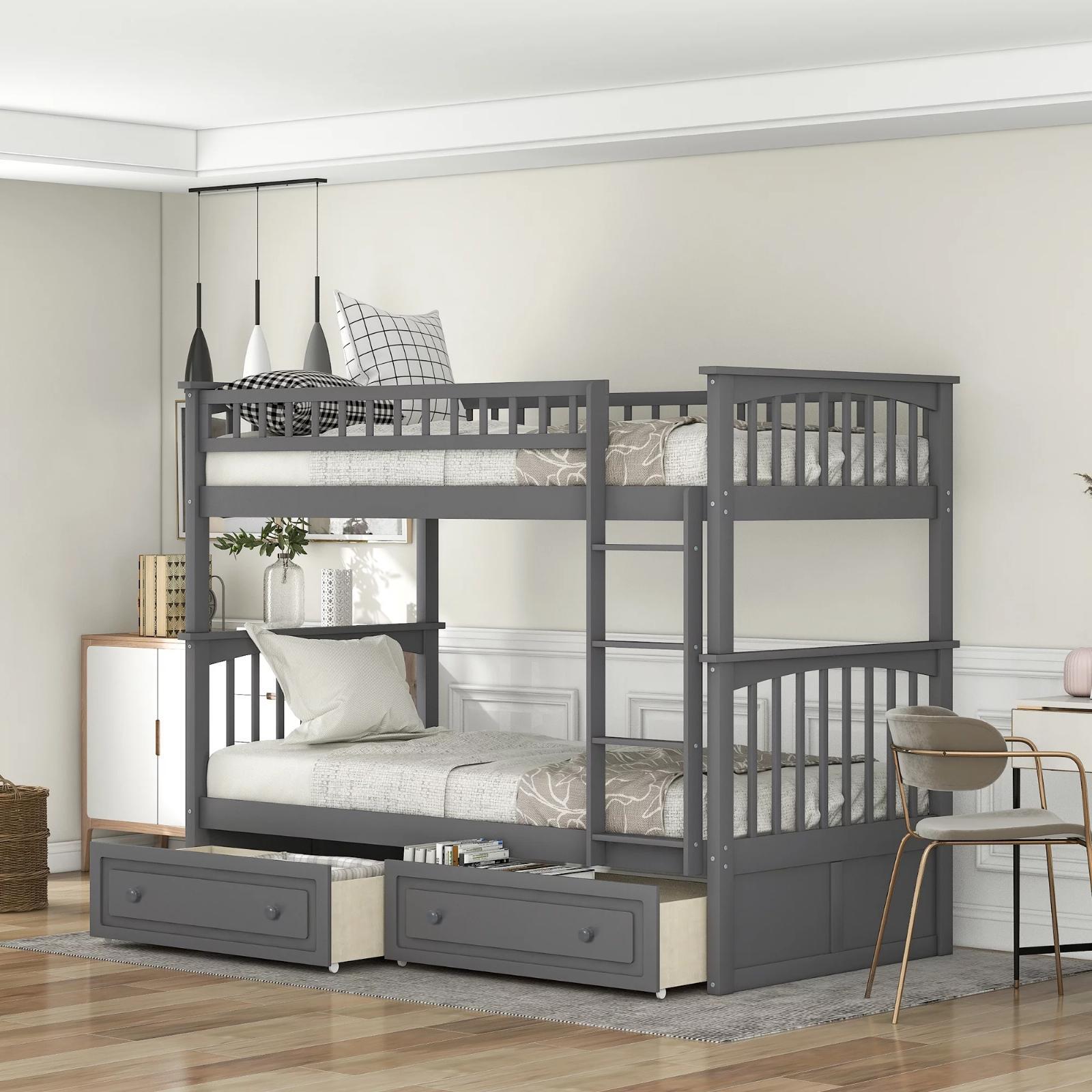 Classic Convertible Twin-Over-Twin Solid Wood Bunk Bed 2 Storage Drawers Ladder gallery