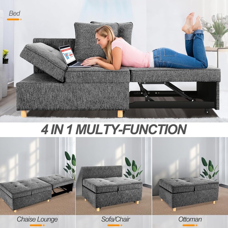 71IN Sofa Bed 4-in-1 Convertible Sleeper Chair Single Recliner w/2 Throw Pillows gallery