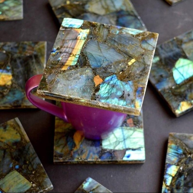 4" Natural Labradorite Coaster – Handmade Gemstone Drink Coaster, Crystal Tea gallery