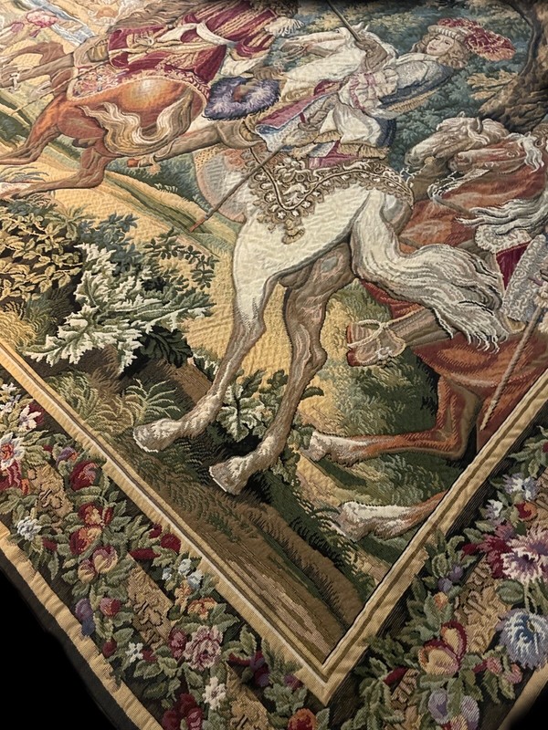 Large Vintage Needlework Wall Hanging Tapestry 52in × 77in. ‘Battle Of Bruges’ gallery