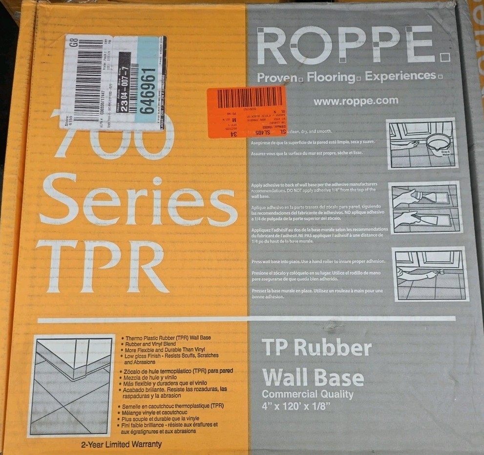 Roppe 700 Series TPR TP Rubber Wall Base – 4" x 120" x 1/8" – Black - Commercial gallery