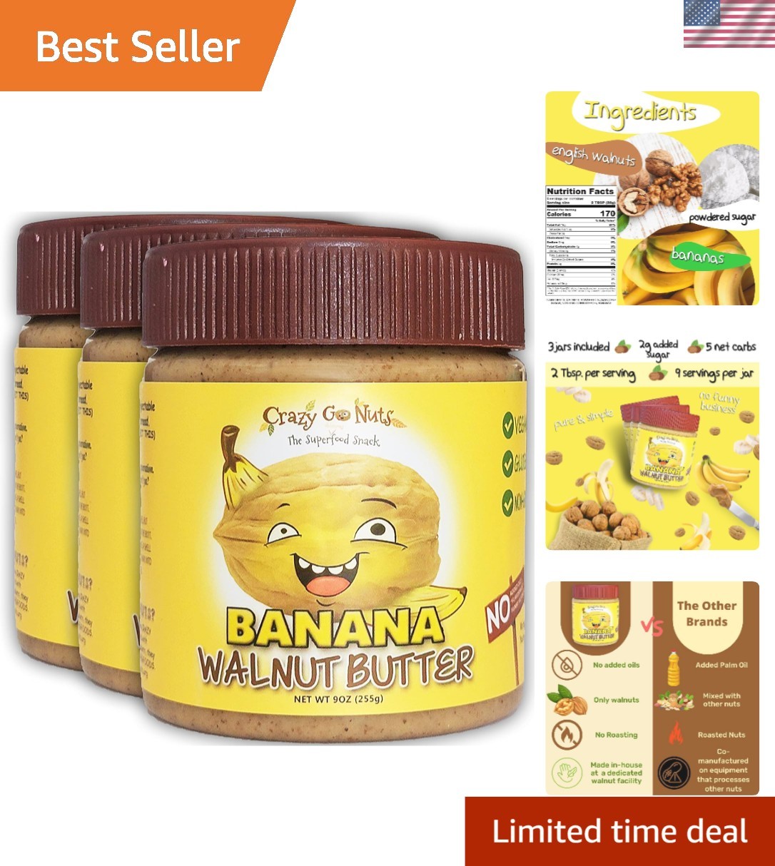 Banana Walnut Butter by Crazy Go Nuts - Delicious Spread, 3 Pack, 27 Oz gallery