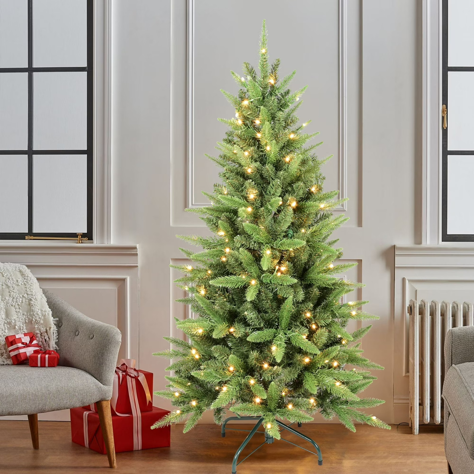 4-8ft Pre-Lit Artificial Christmas Tree Slim Pencil Realistic Xmas Tree For Home gallery