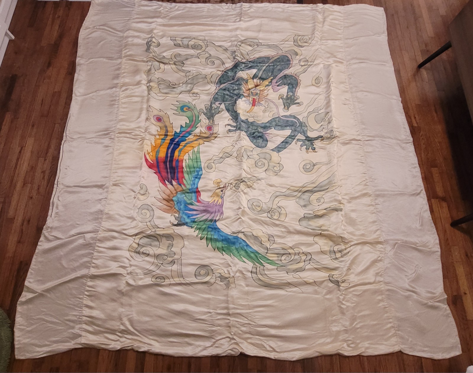 Hand Painted Silk Blend Asian Dragon & Phoenix Bird Duvet Twin or Full Size gallery