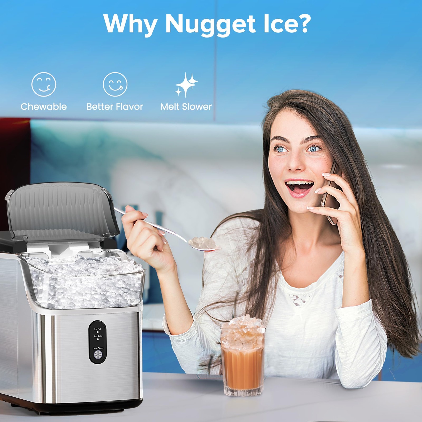 Countertop Nugget Ice Maker Pro - 34lbs/24H, Self-Cleaning Pellet Ice Machine... gallery