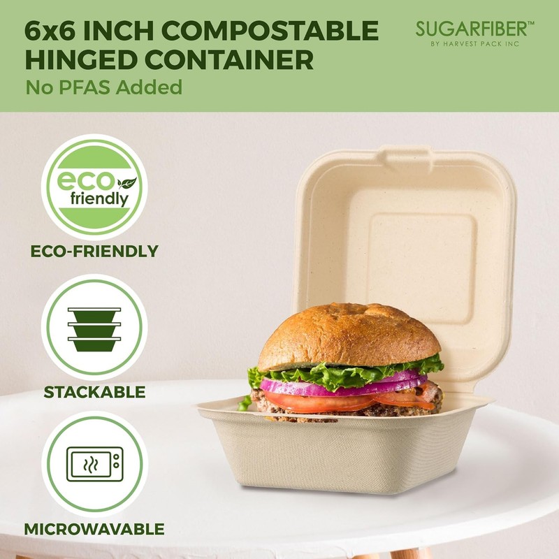 50 Count Compostable Take-Out Boxes, Square 6" Bagasse Clamshell gallery