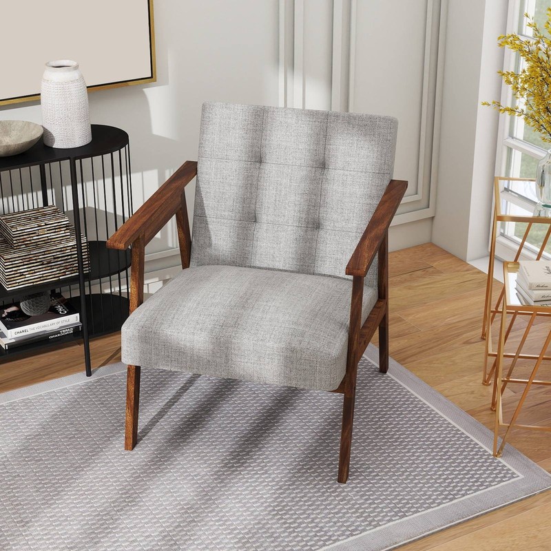Solid Wood Chair Single Mid-Century Modern Armchair Home Furniture Light Gray gallery