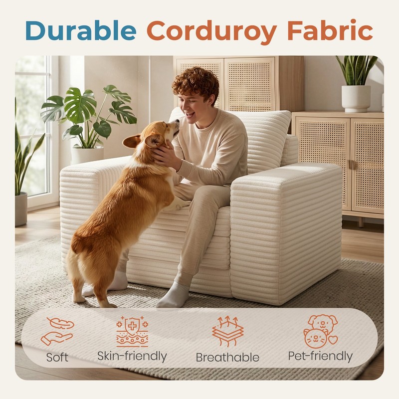 Single Folding Sofa Bed, 75.6" Sleeper, Beige Corduroy gallery
