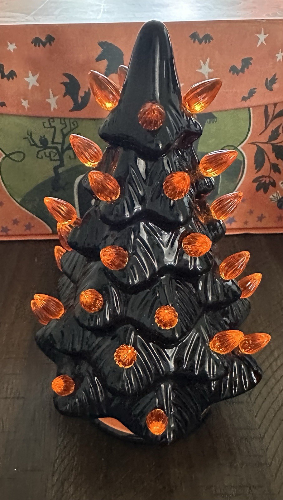 Halloween Black/ Orange Light Up Tree Ceramic Battery Spooky Season Retro gallery