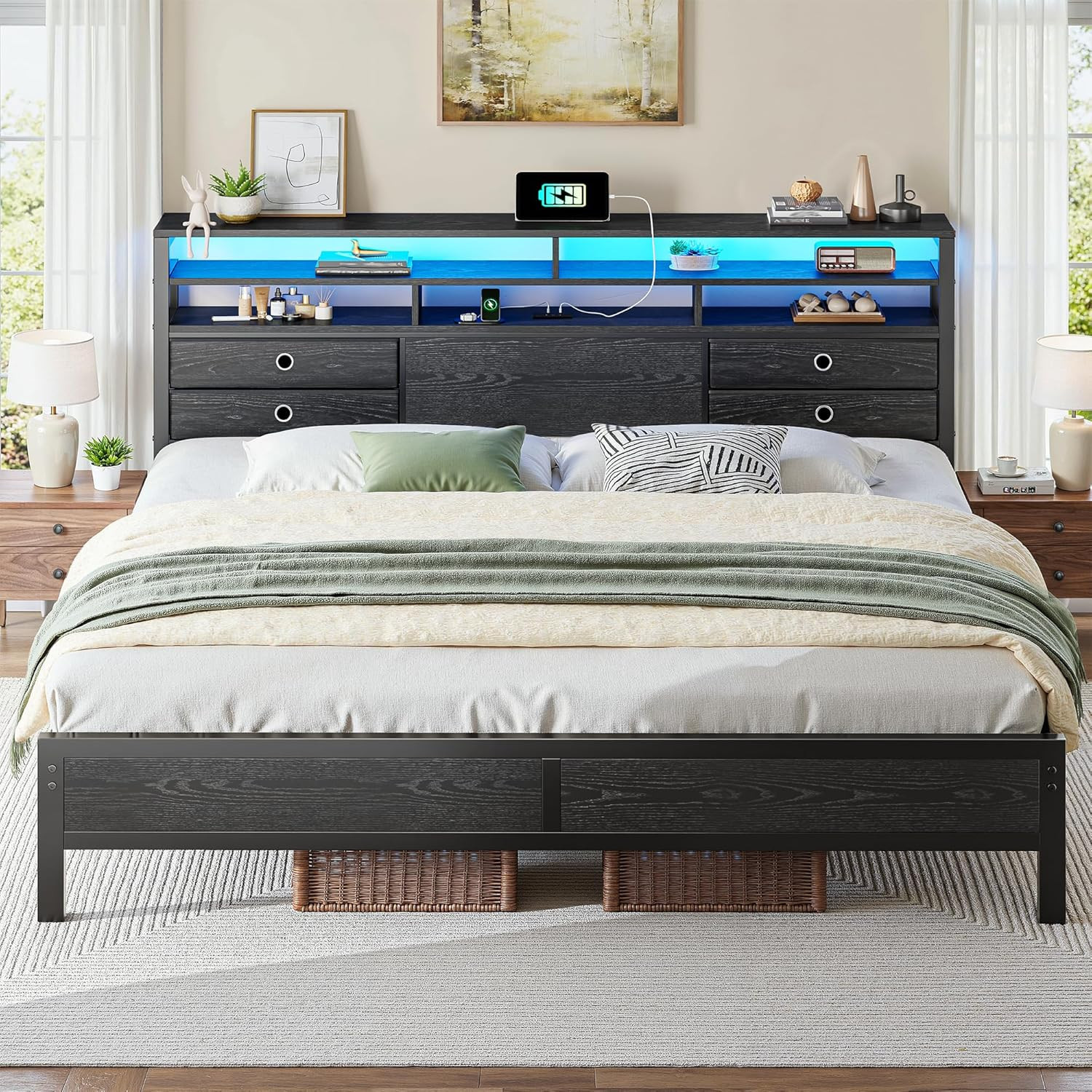 King Bed Frame w/ Storage Headboard LED Lights 4 Drawers Black gallery