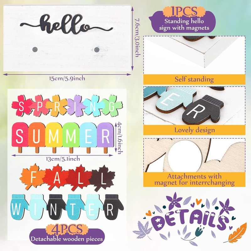 Roowest 5 Pcs Hello Spring Interchangeable Sign Seasonal Sign Summer Fall Winter gallery