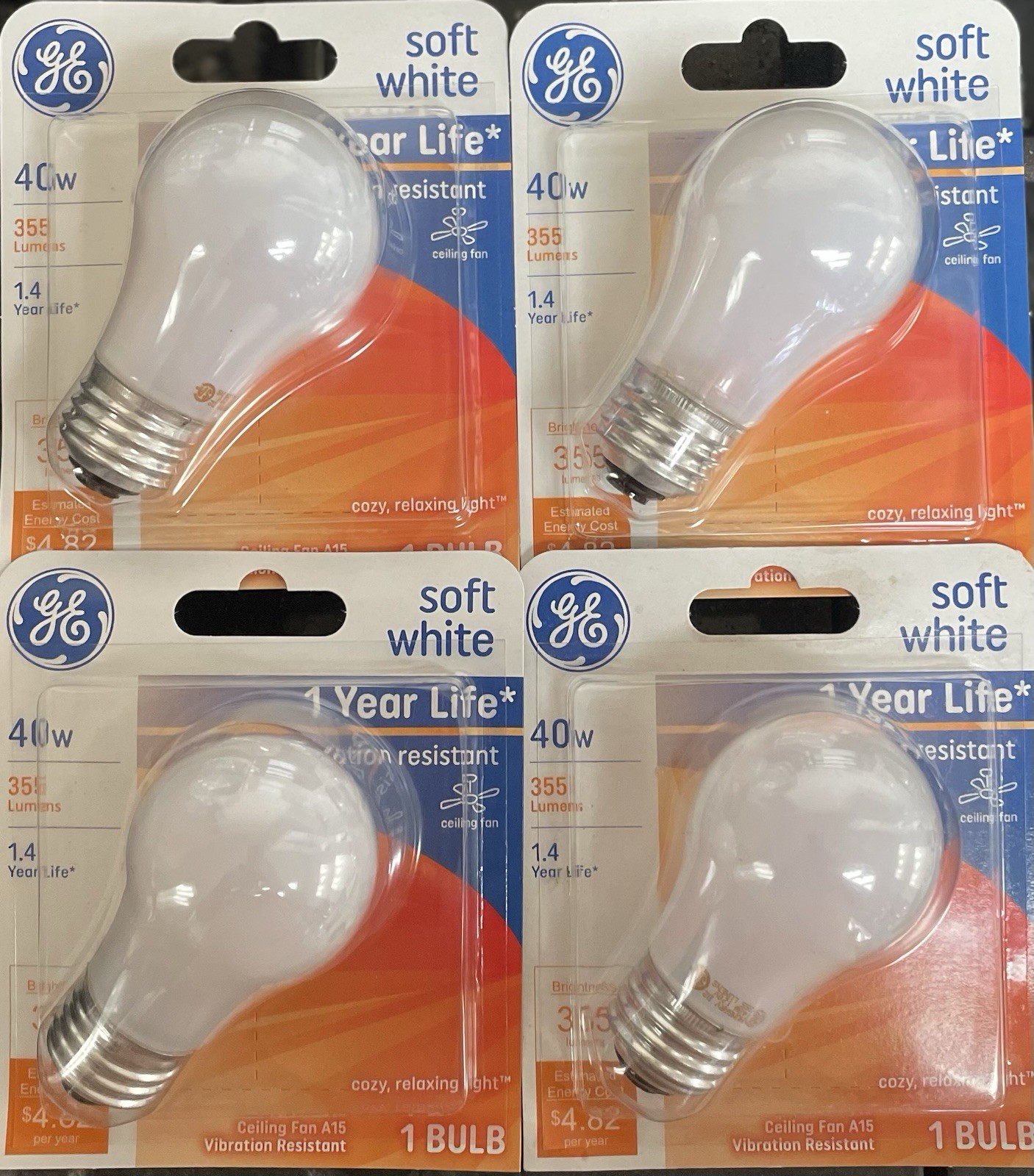 (4) Pack Soft White GE Ceiling Fan Bulbs 40W 355 Lumen Vibration Resistant A-15 gallery