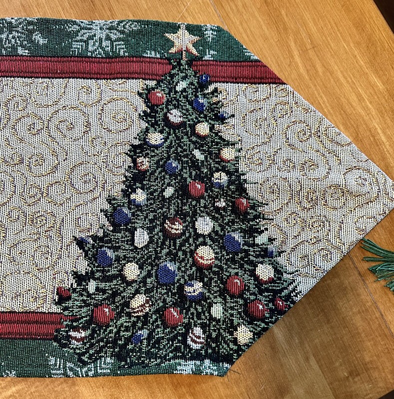 Christmas Tree Tapestry Table Runner 12.5” x 67” Tassels Holiday gallery