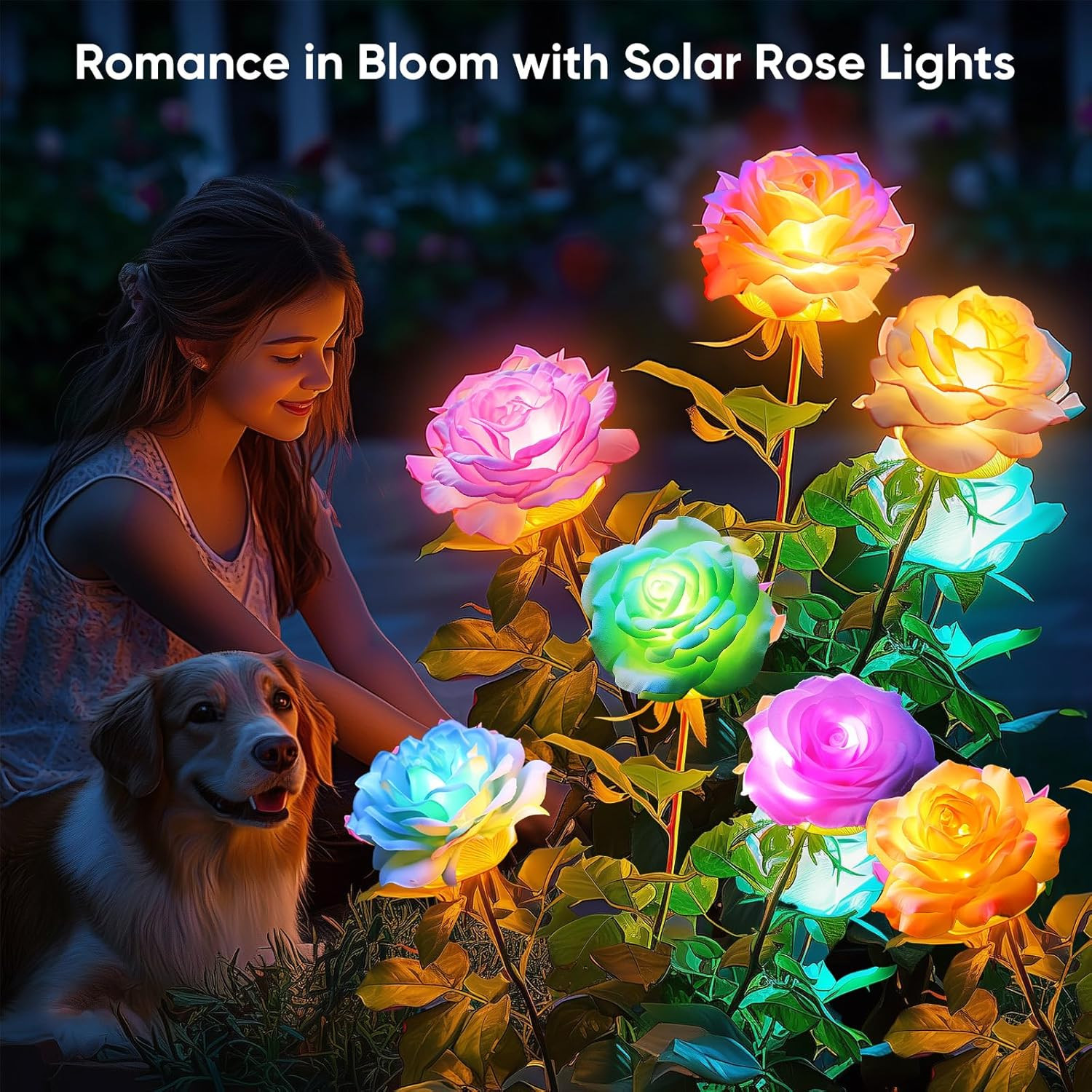 Solar Flower Lights Outdoor Waterproof: 4 Pack 7-Color Changing LED Rose Stake D gallery