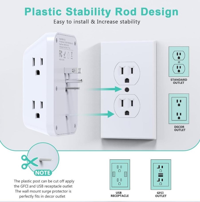 Multi Plug Wall Outlets, 6-port Outlet Extender with 4 Charging USB Ports 4 Side gallery