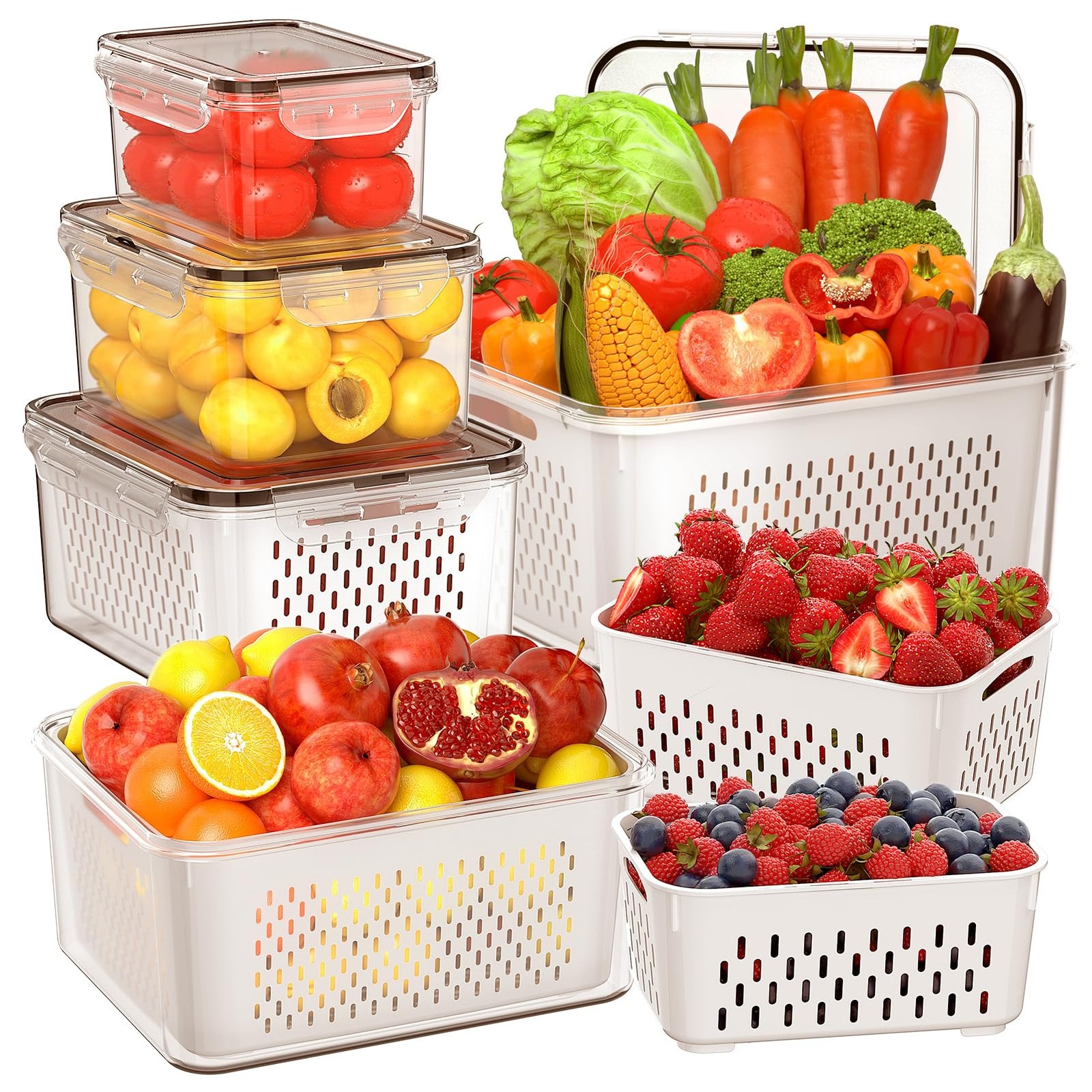 5 Pcs Large Fridge Fruit Storage Containers with Removable Drain Tray gallery