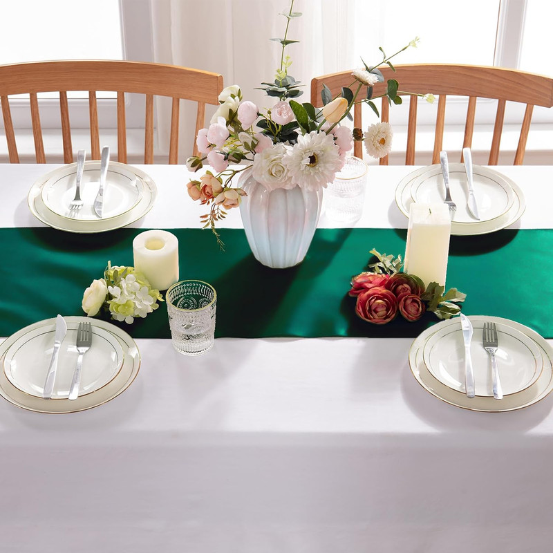 5 Pack Forest Green Satin Table Runners, 12 X 108 Inch Bright Satin Silk Table R gallery
