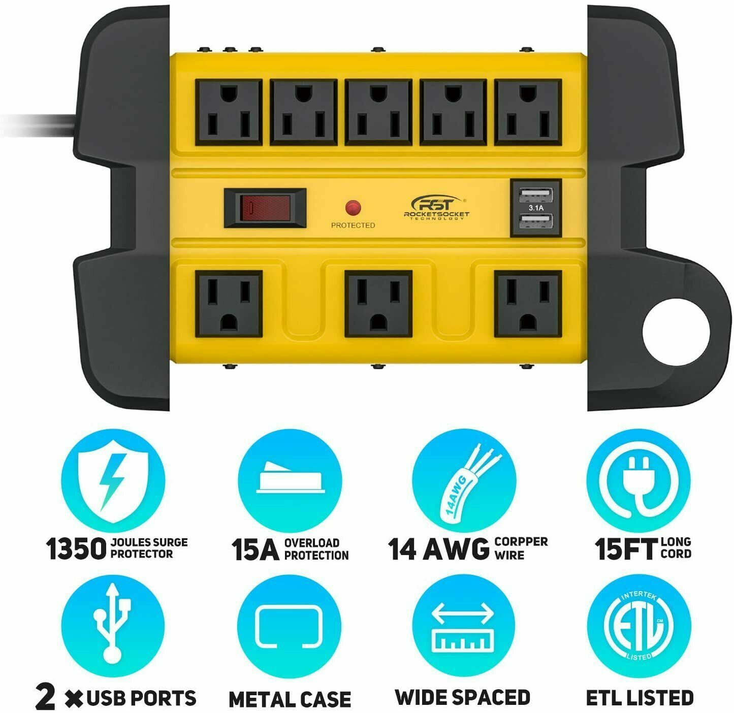 8 outlets+2 USB port,Heavy Duty Power Strip 1350J Surge Protector 15 feet cord gallery