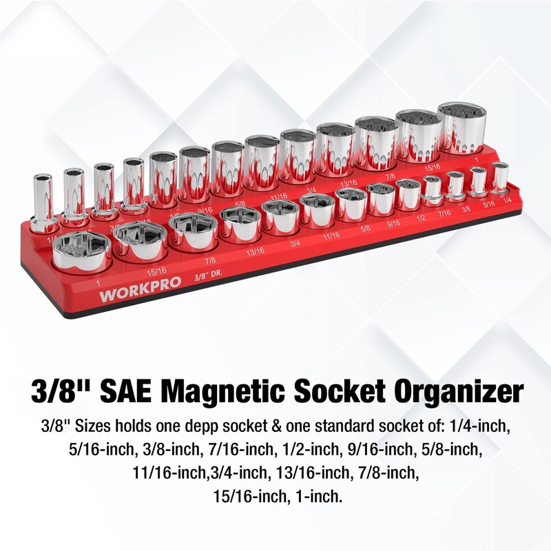 WORKPRO 3/8-Inch SAE Magnetic Socket Organizer Holds 26PCS Standard Deep Sockets gallery
