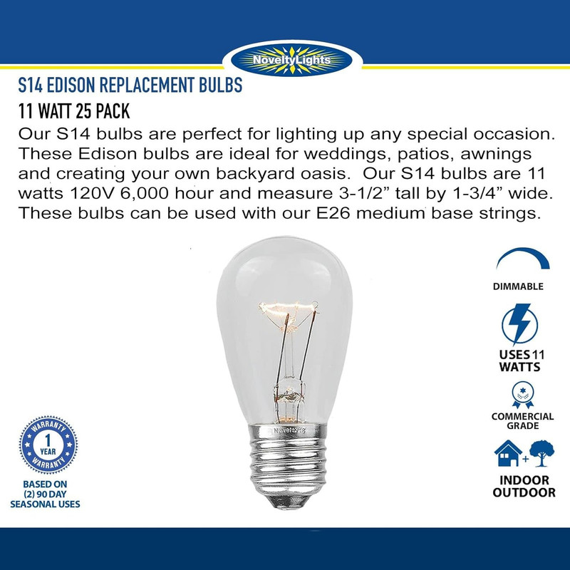 25 Pack S14 Outdoor Patio Edison Replacement Bulbs, E27 Medium Base, Multi, 11 W gallery