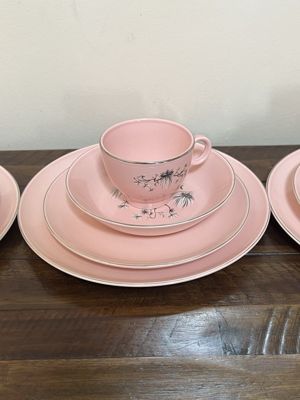 TAYLOR SMITH & TAYLOR DWARF PINE Pink 4 Pc Service Set Plates China Dishes VTG gallery