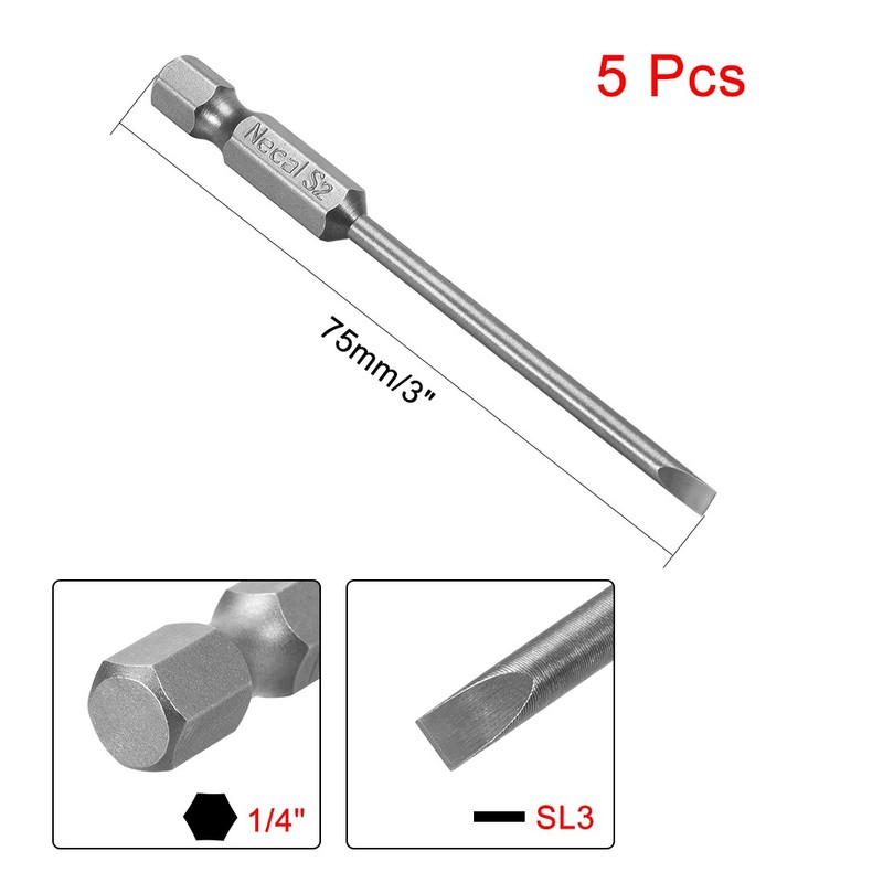 5 x 3mm Slotted Tip Magnetic Flat Head Screwdriver Bits 1/4" Hex Shank 3" S2 gallery