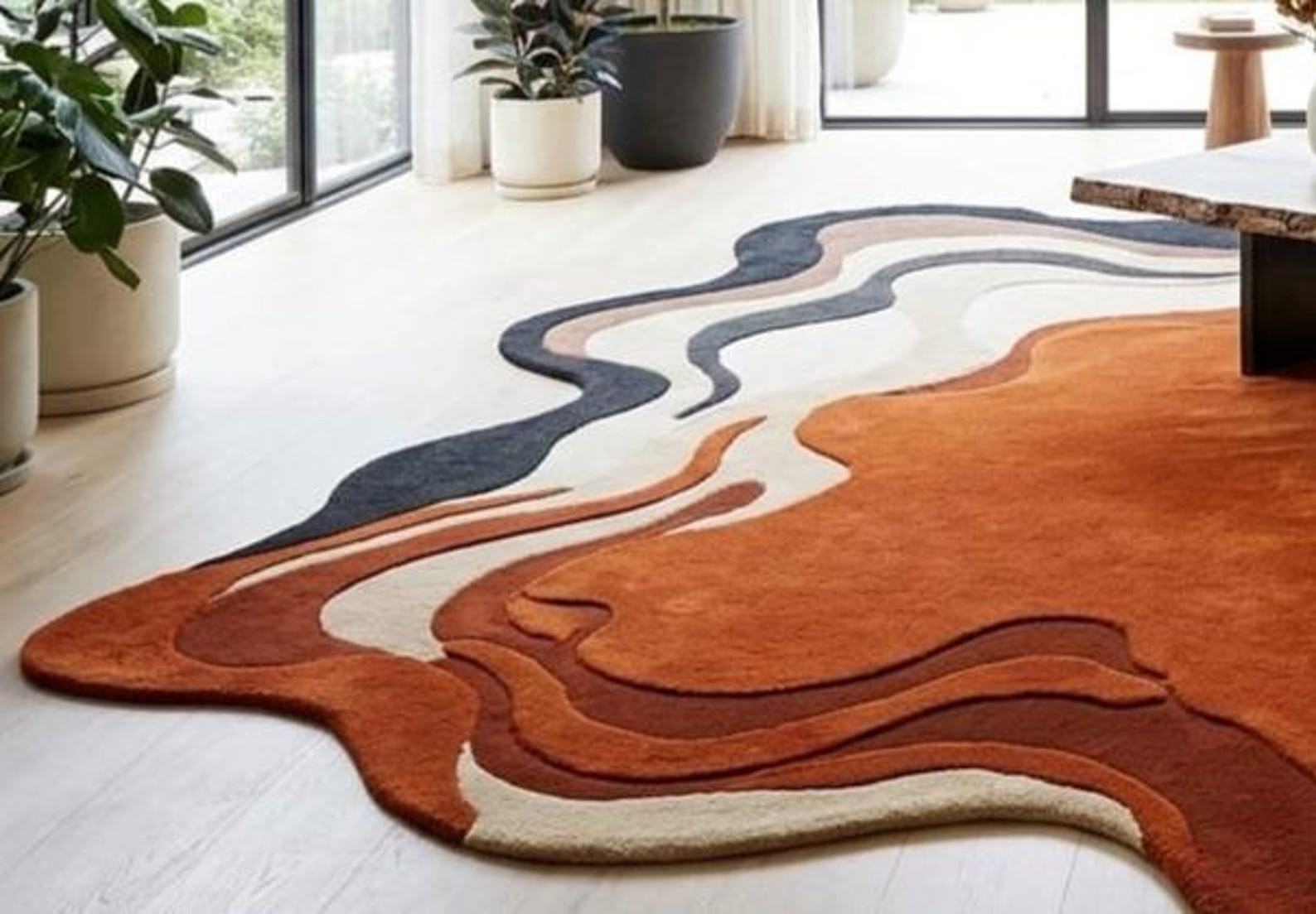 Large Irregular Shape Rug Abstract Navy Orange Topographical Modern Wavy Carpet gallery