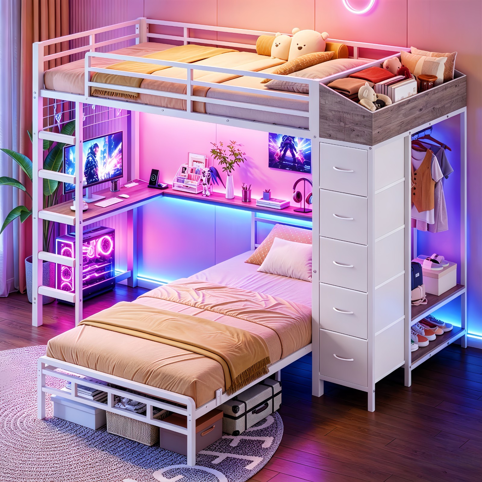 Bunk Bed Twin Over Twin with Storage Hall Tree, Charging Station and LED Lights gallery