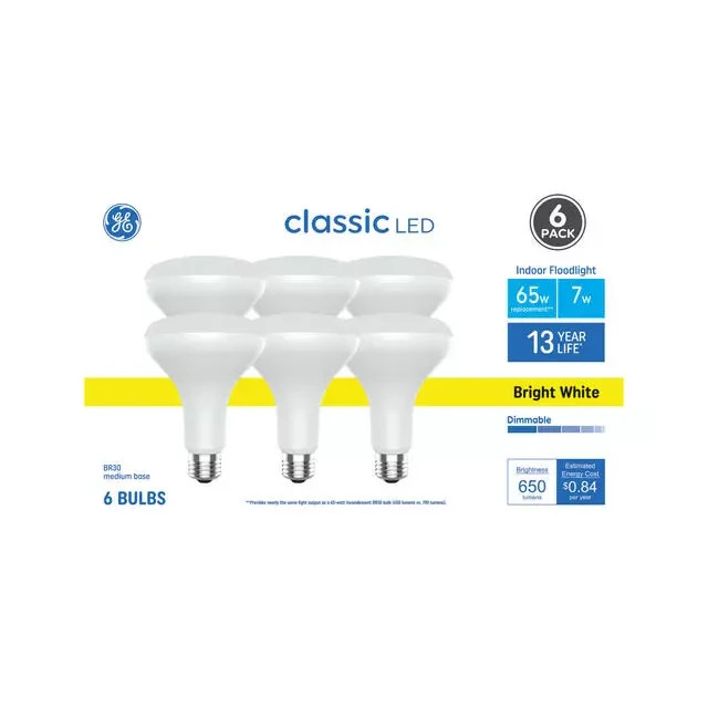 GE Classic 65 W Equivalent Dimmable Bright White Br30 LED Light Bulbs, 6 Pack