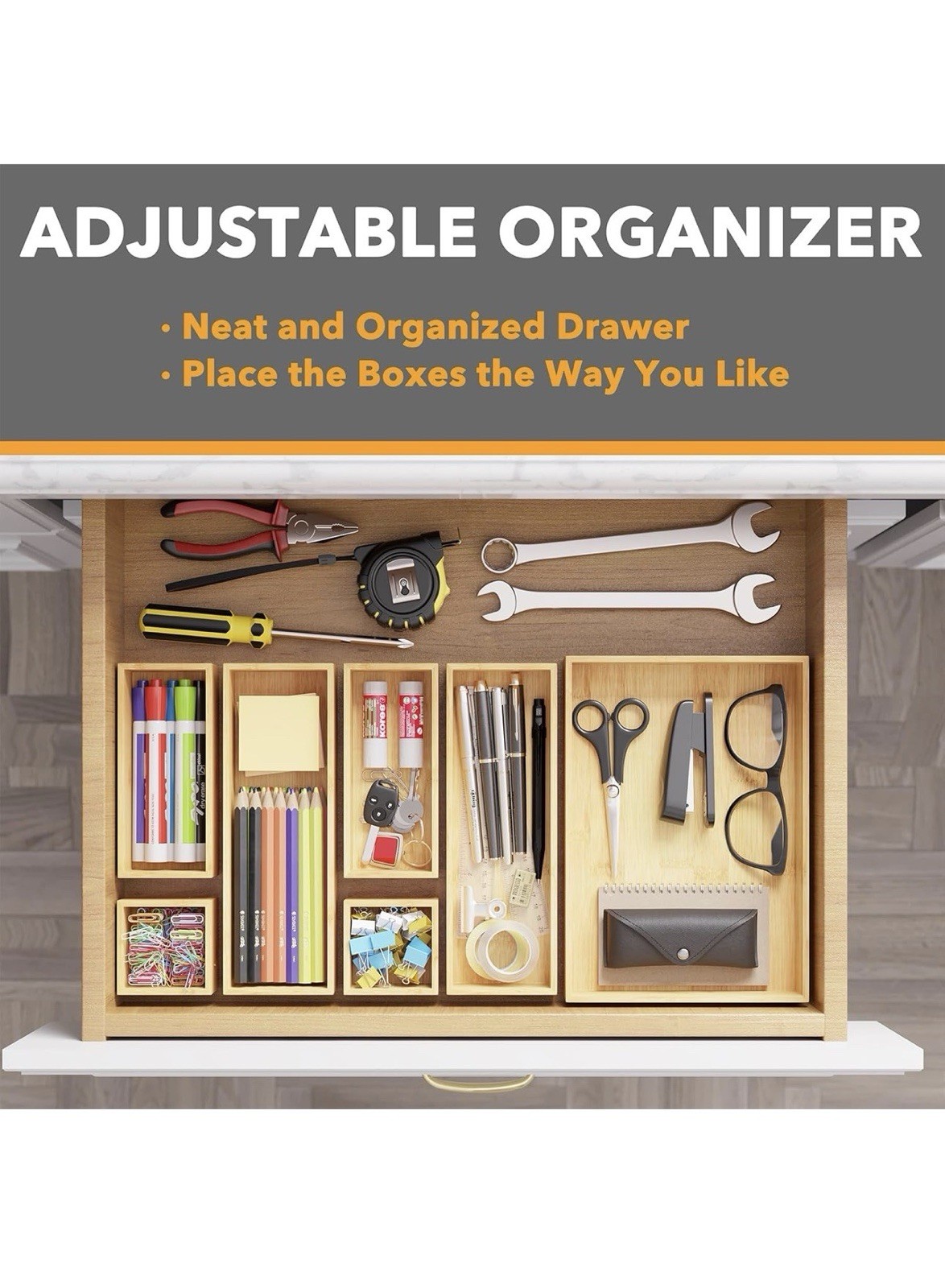 7-Piece Bamboo Drawer Organizer Set – Multi-Use Divider Bins Wood Tray Drawer gallery