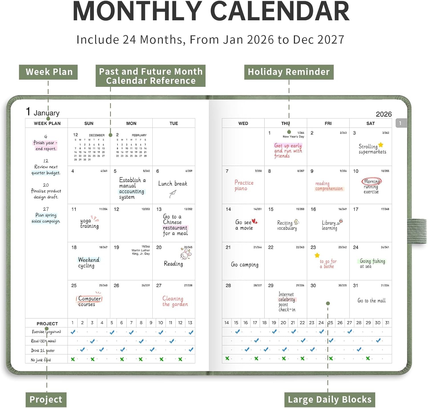 2026-2027 Monthly Planner, Jan 2026 - Dec 2027, Pocket Size (4.3" x Light Green gallery