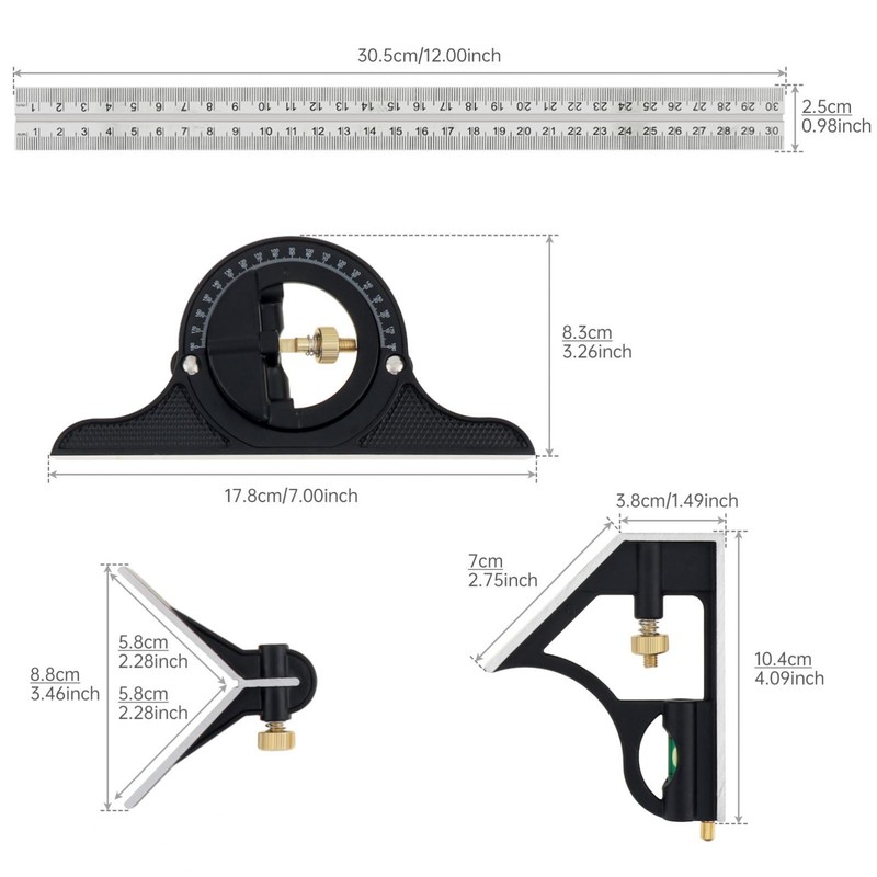 12" Adjustable Sliding Combination Tri Square Ruler & Protractor Level Measure gallery